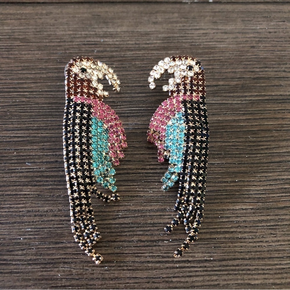 Rhinestone parakeet post earrings